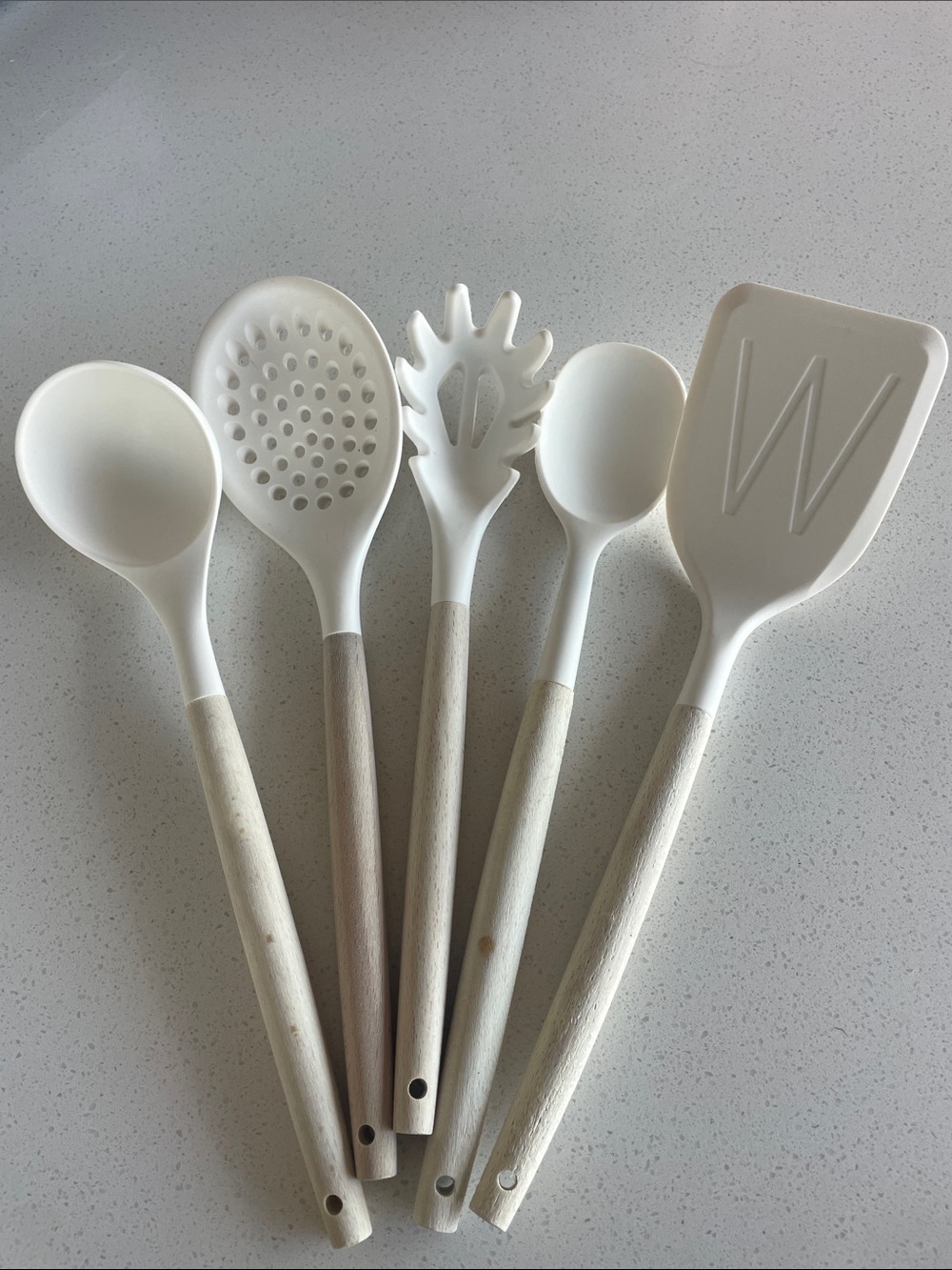 Wood-Handle White Silicone Kitchen Utensil Set - 5 Piece